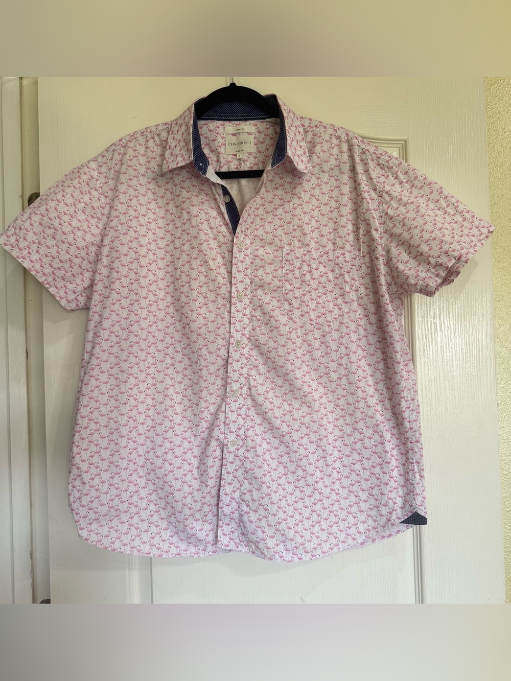 Construct Flamingo Print Button Front Shirt Mens Large Slim Fit Pink